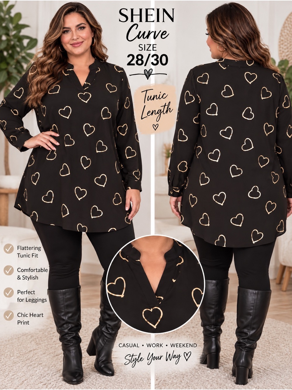 SHEIN Curve Black & Gold Heart Print Tunic Blouse Size 28/30 7X
